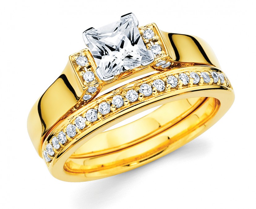 14k cathedral engagement ring and wedding band - Chilson Jewelers